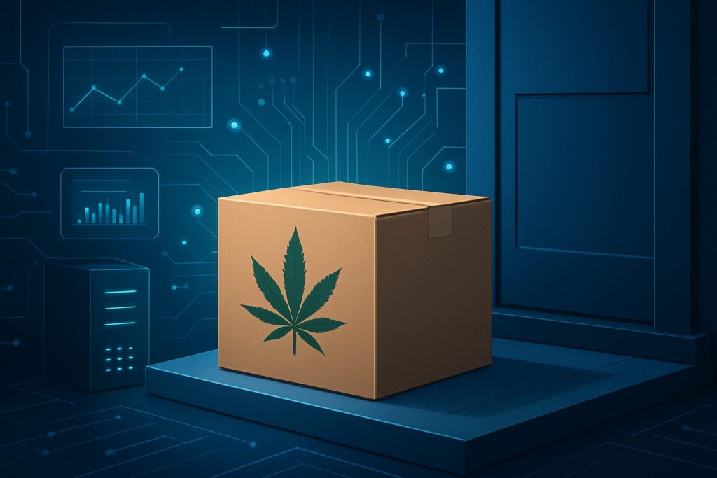 A delivery box with a cannabis leaf logo placed at a doorstep against a tech-themed background with circuit patterns.