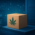 A delivery box with a cannabis leaf logo placed at a doorstep against a tech-themed background with circuit patterns.