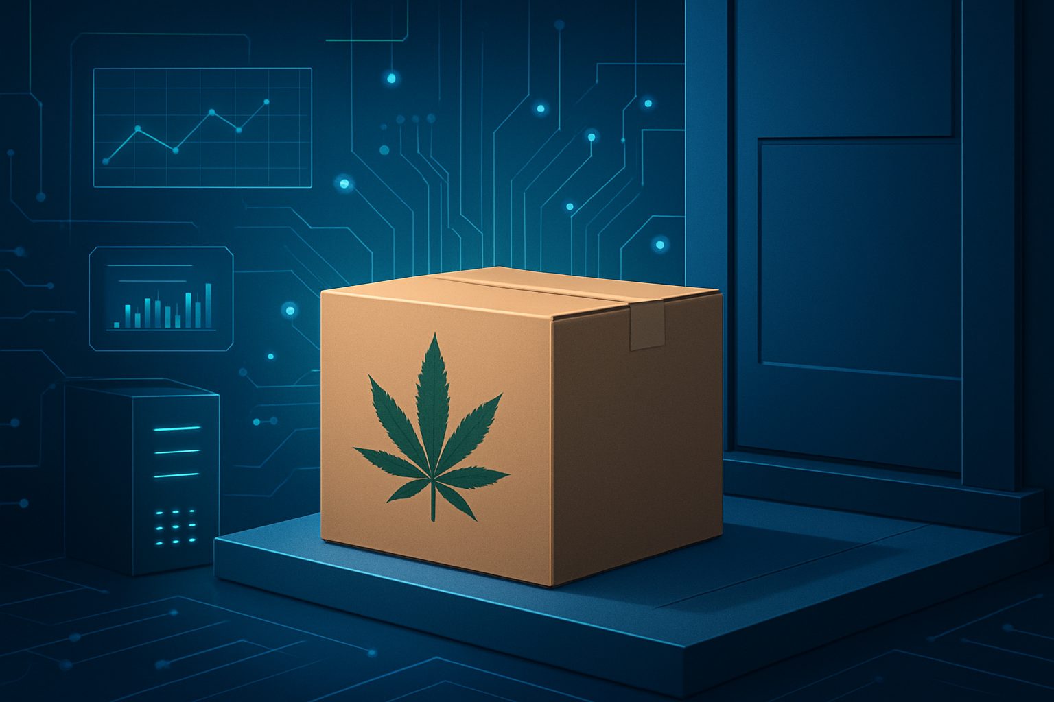 A delivery box with a cannabis leaf logo placed at a doorstep against a tech-themed background with circuit patterns.