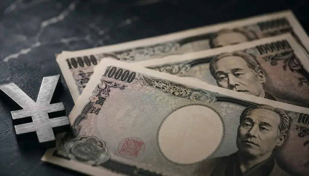 Japanese yen bills and currency symbol on a marble surface
