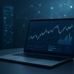 A laptop displaying a trading graph with blue and green data visualizations