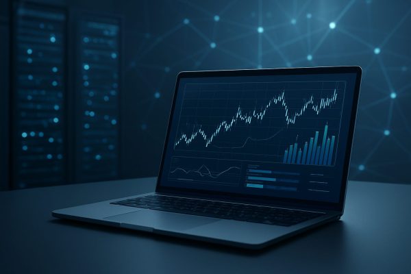 A laptop displaying a trading graph with blue and green data visualizations