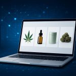 A laptop displaying images of cannabis products on a digital background