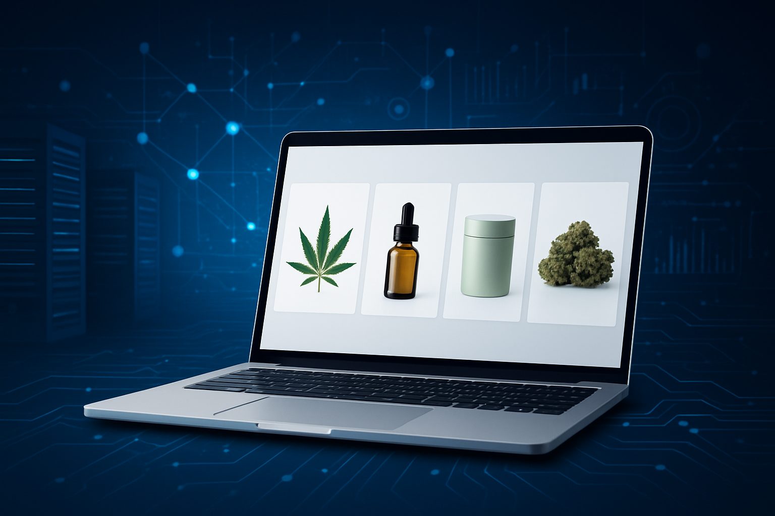 A laptop displaying images of cannabis products on a digital background