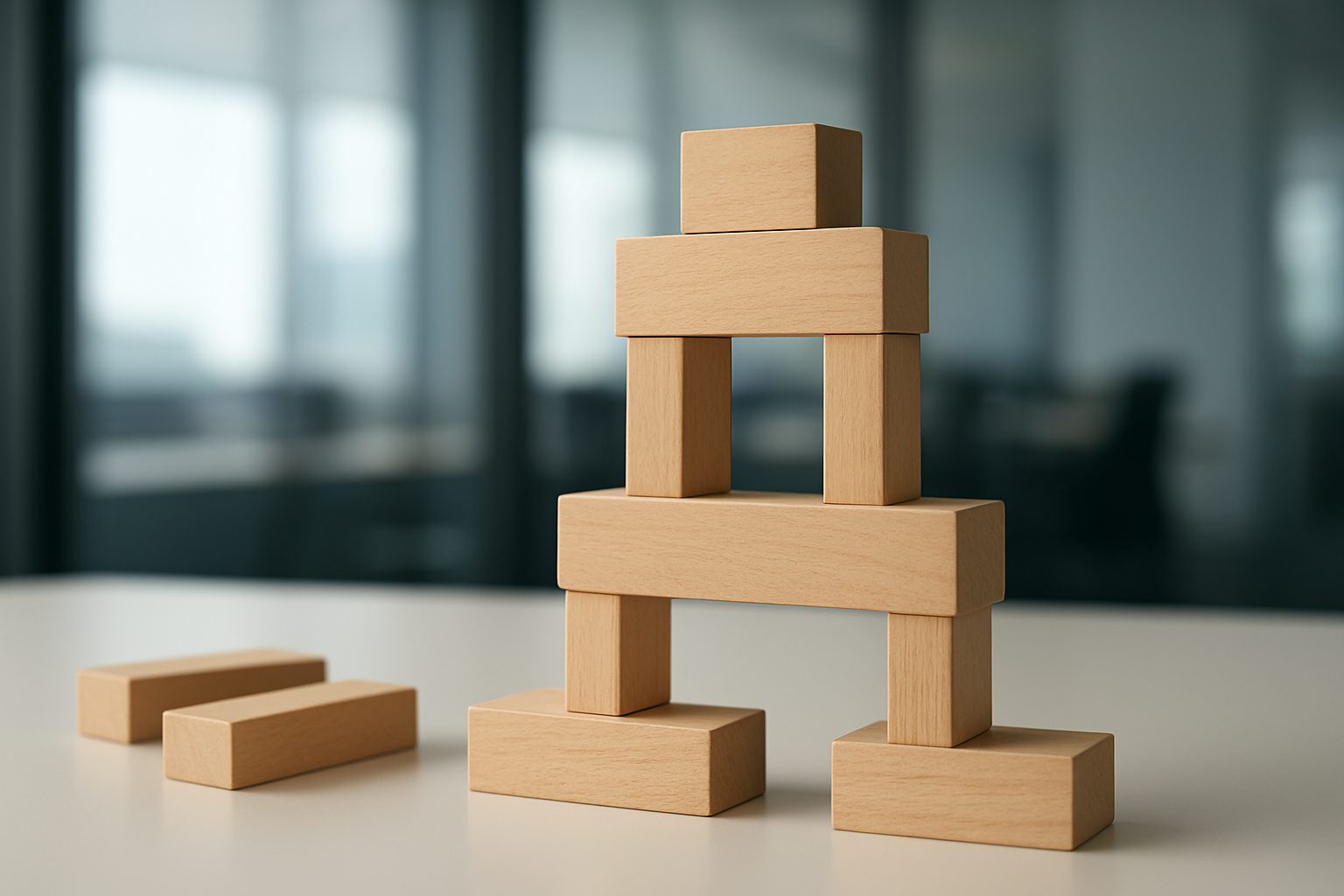 A carefully arranged structure made of wooden blocks on a table, symbolizing the foundation of business design.